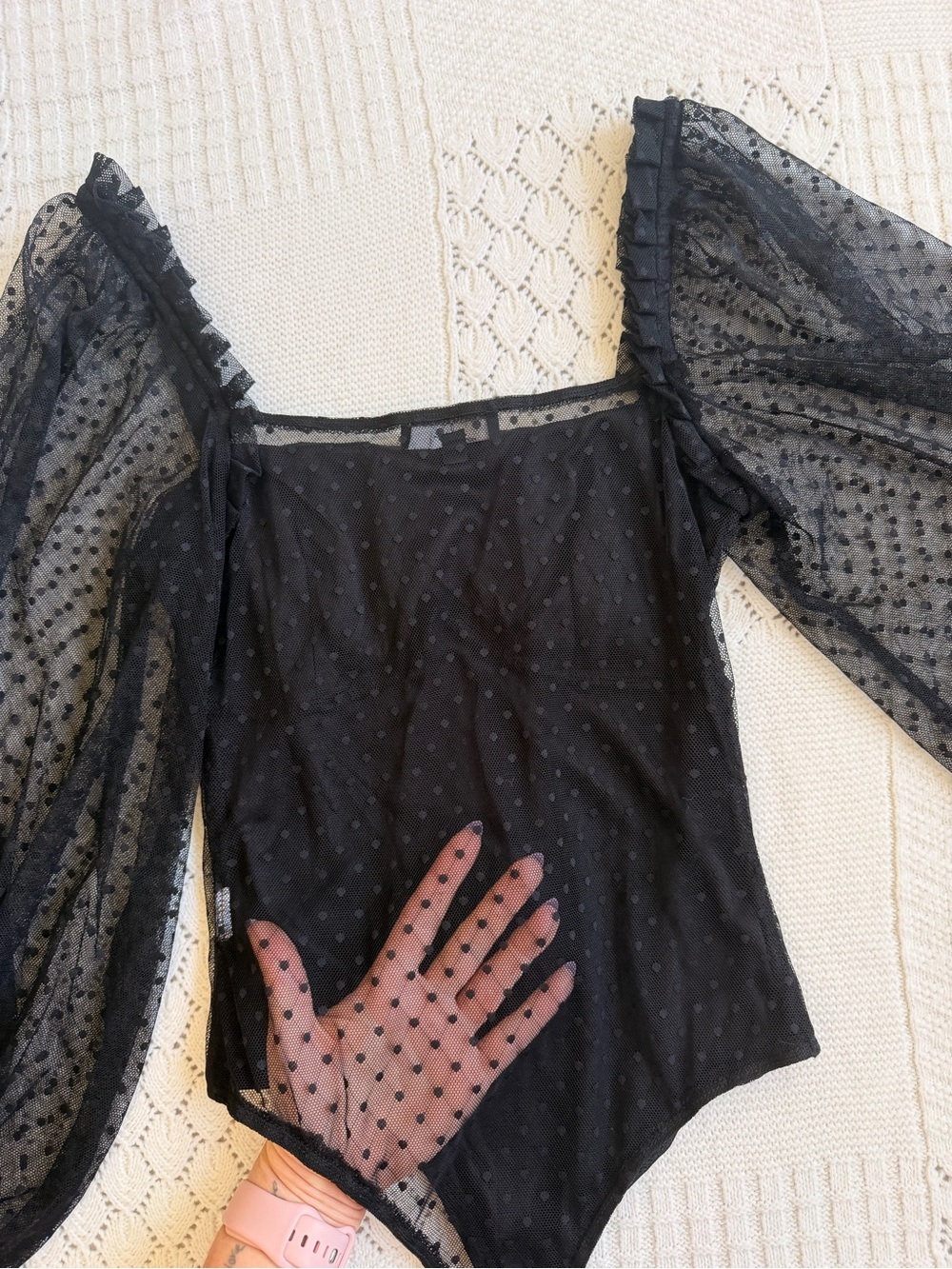 Lulus Call the Dots Black Dotted Mesh Long Sleeve Bodysuit - Picture 8 of 8